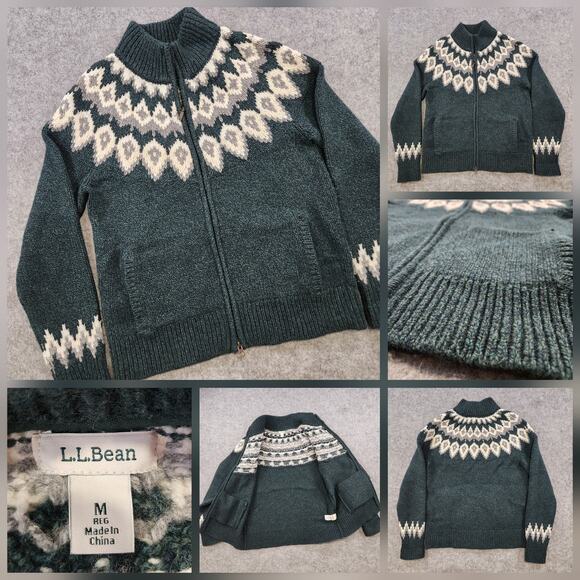 L.L. Bean Sweaters - LL Bean Classic Ragg Sweater Womens Medium Full Zip Lambswool Fair Isle Knit